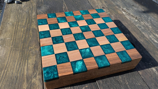 Walnut and teal resin chess board Barratt Boards - Cornish chopping boards designed for chefs