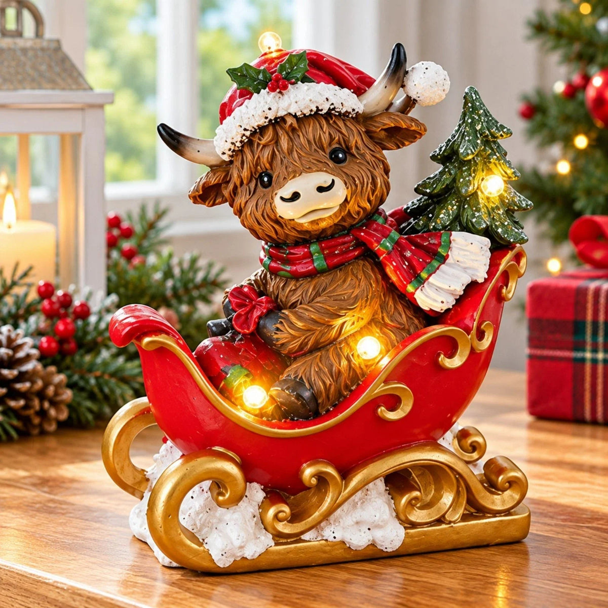 Christmas Highland Cow Ornament in Sleigh with LED Lights