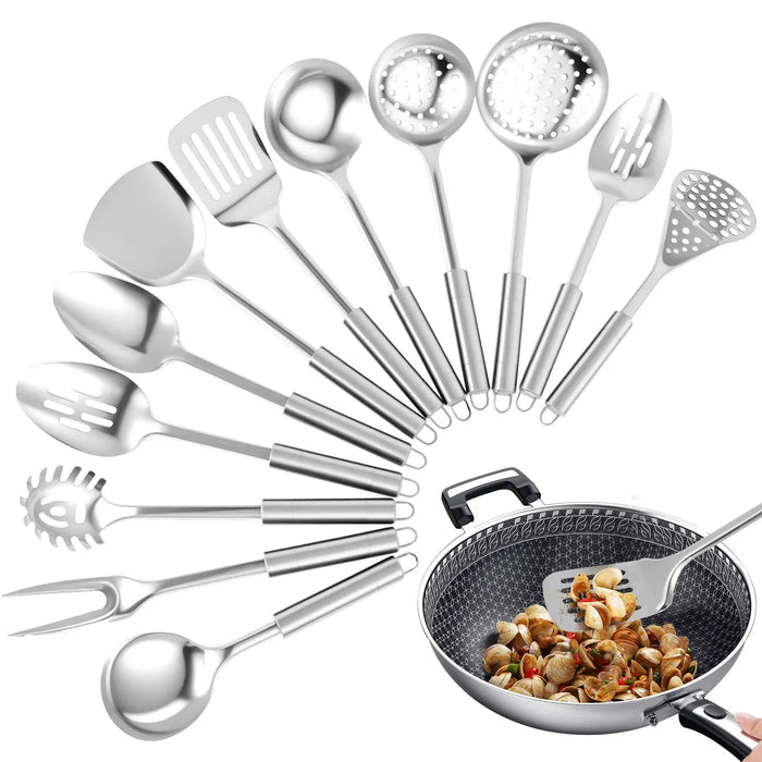 10/12Pcs Stainless Steel Cookware Set Kitchen Cooking Tools Baking Tools Tableware Shovel Spoon Kitchen Utensil Set Accessories Kitchen Essentials