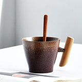 Japanese Style Vintage Ceramic Cup with Wooden Handle Kitchen Essentials
