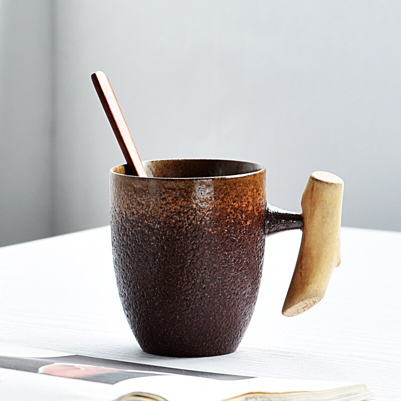 Japanese Style Vintage Ceramic Cup with Wooden Handle Kitchen Essentials