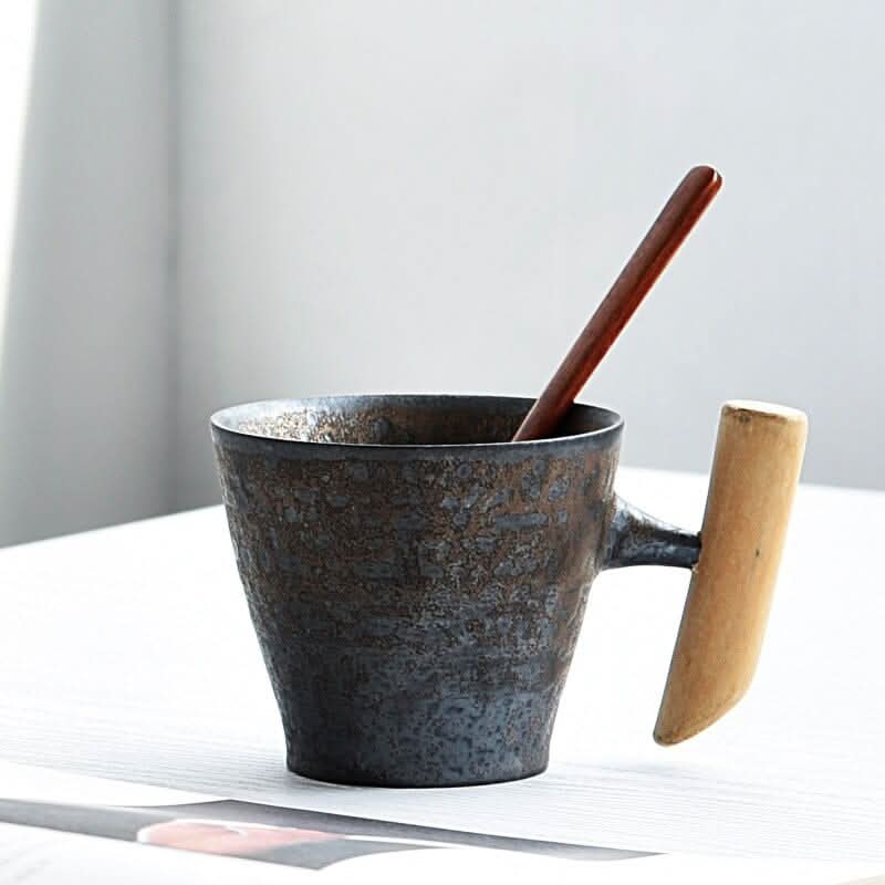 Japanese Style Vintage Ceramic Cup with Wooden Handle Kitchen Essentials