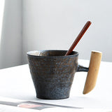Japanese Style Vintage Ceramic Cup with Wooden Handle Kitchen Essentials