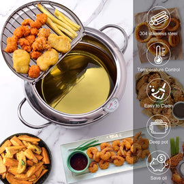 Japanese Deep Frying Pot with a Thermometer and a Lid in Stainless Steel eprolo