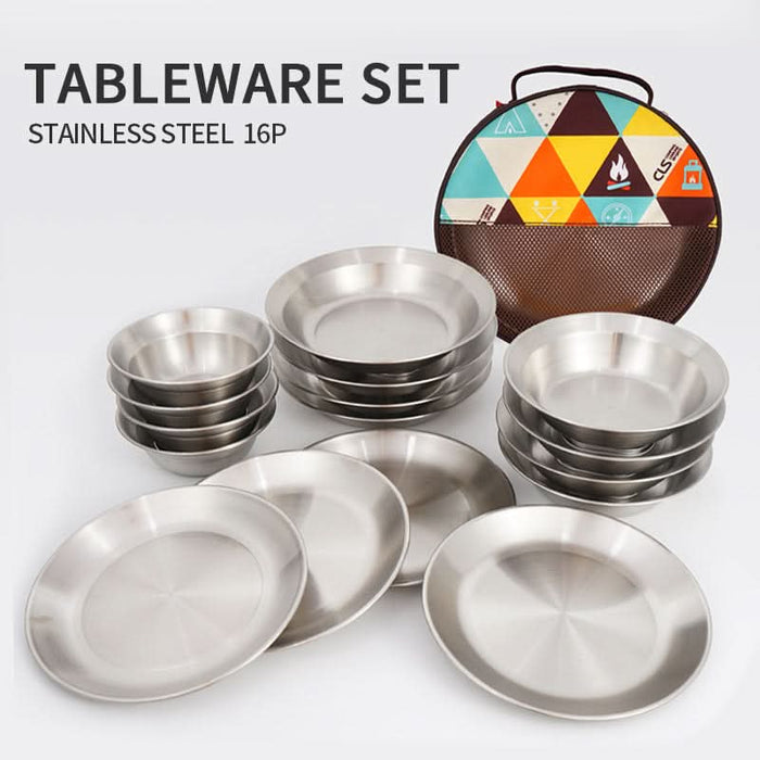 Outdoor Stainless Steel Dinner Plate Bowl 16-Piece Set eprolo