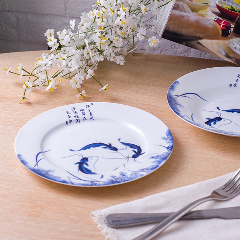 8/10 Inch Ceramic Blue And White Round Fish Plate Kitchen Essentials