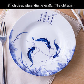 8/10 Inch Ceramic Blue And White Round Fish Plate Kitchen Essentials