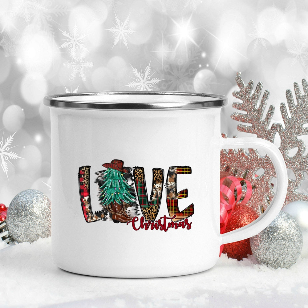 Snowman Deer Print Enamel Coffee Mugs Kitchen Essentials