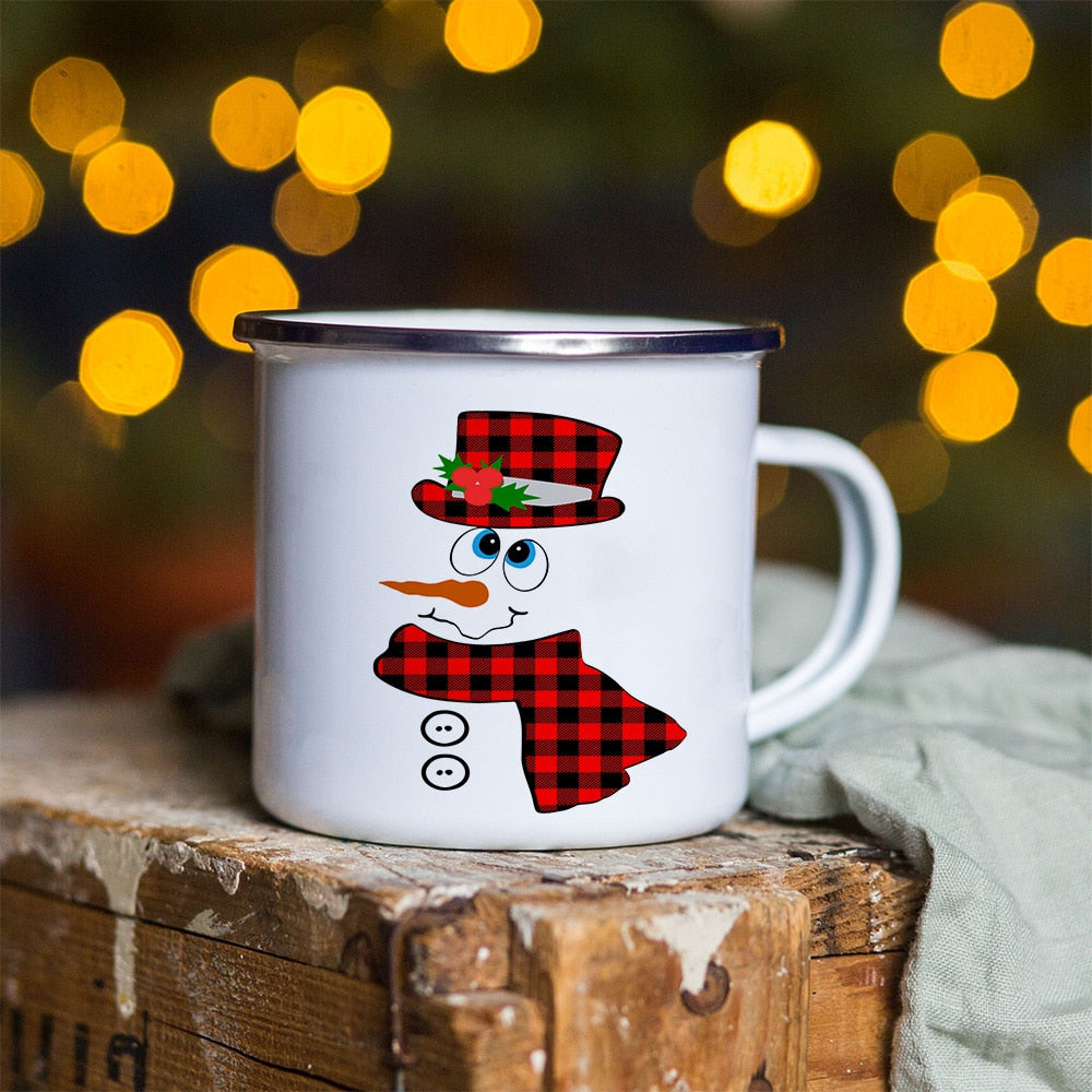 Snowman Deer Print Enamel Coffee Mugs Kitchen Essentials