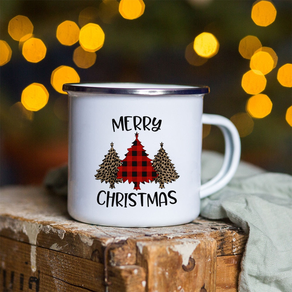 Snowman Deer Print Enamel Coffee Mugs Kitchen Essentials