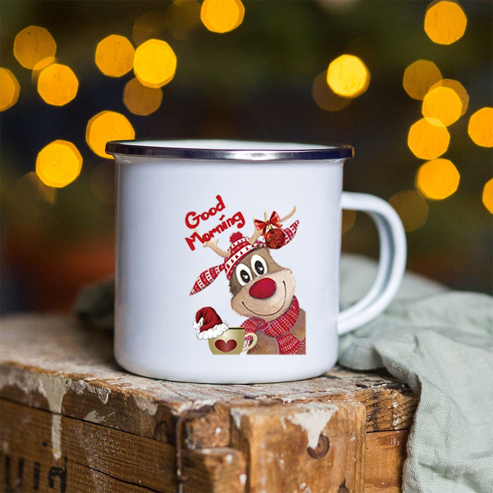 Snowman Deer Print Enamel Coffee Mugs Kitchen Essentials