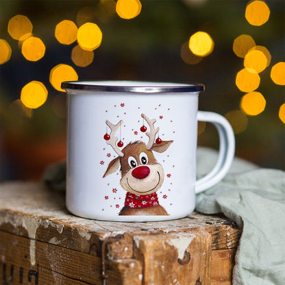 Snowman Deer Print Enamel Coffee Mugs Kitchen Essentials