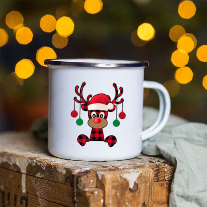 Snowman Deer Print Enamel Coffee Mugs Kitchen Essentials